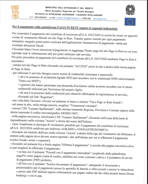 Istituto di Istruzione Superiore Lazzaro Spallanzani | PAGO IN RETE https://www.istruzione.it/pagoinrete/